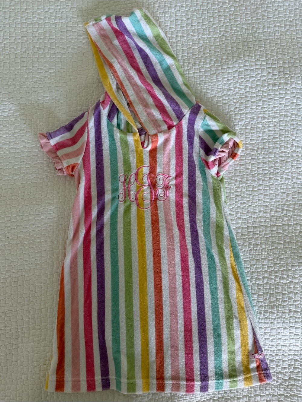 RuffleButts Girls Rainbow Stripe Hooded Terrycloth coverup with HFJ monogram